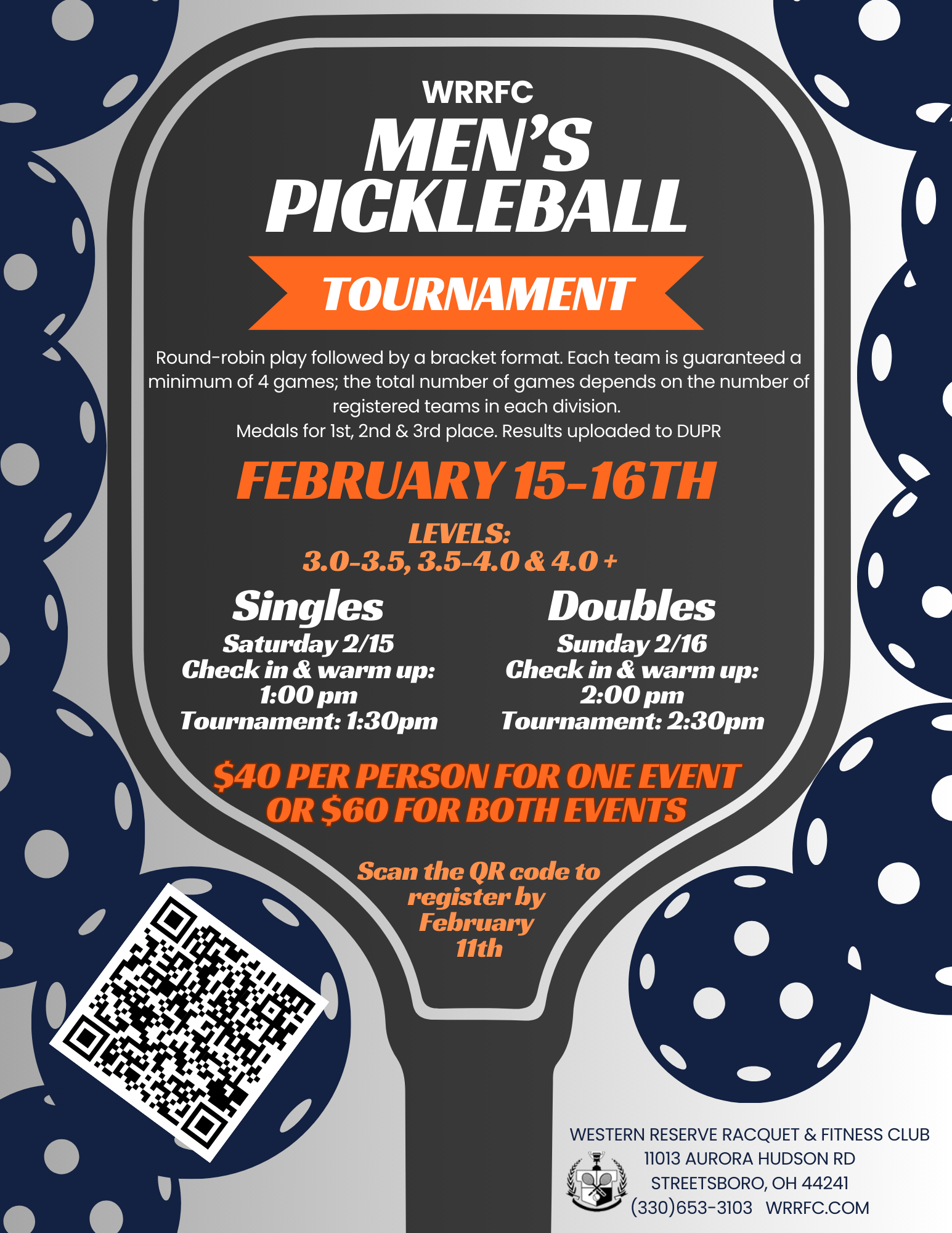 Mens single and doubles pickleball tournament